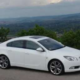 Biała limuzyna Opel Insignia z czarnym dachem panoramicznym, zaparkowana na skraju drogi z widokiem na pagórkowaty krajobraz w tle, w pochmurny dzień.