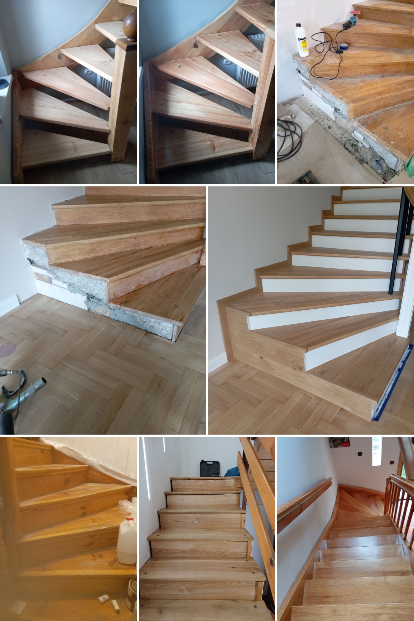 Kolaż zdjęć przedstawiający etapy cyklinowania drewnianych schodów spiralnych: stan przed, w trakcie i po renowacji, z widocznymi narzędziami i efektem końcowym.