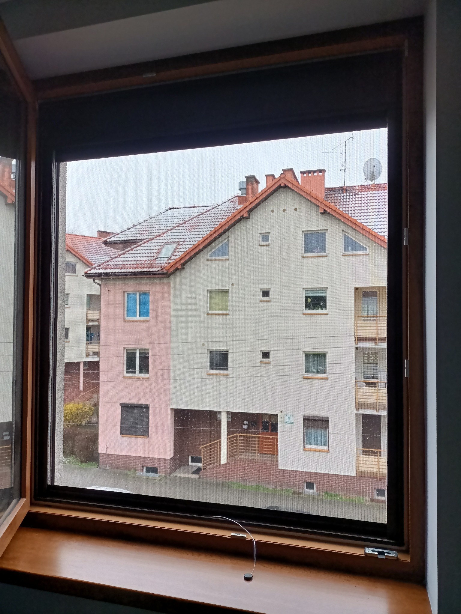 Zewnętrzna roleta okienna w kolorze grafitowym, częściowo opuszczona, widok z wnętrza na budynek mieszkalny w pochmurny dzień.