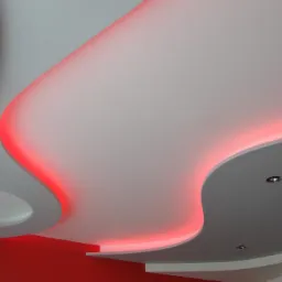 Wielopoziomowy sufit podwieszany z dynamicznym oświetleniem LED w kolorze czerwonym, widoczne reflektory punktowe, dekoracyjny element w kształcie fali.