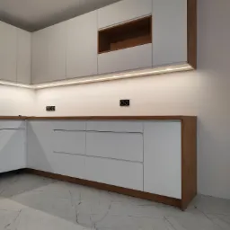 Nowoczesna, minimalistyczna kuchnia z białymi frontami i drewnianymi akcentami, oświetlona listwą LED podszafkową, na podłodze marmurkowy gres.