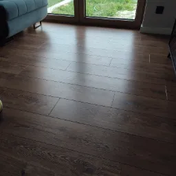 Ułożone ciemne panele podłogowe z widocznym wzorem drewna, fragment szarej sofy i okno z widokiem na trawnik.