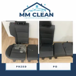 Porównanie foteli samochodowych przed i po czyszczeniu przez firmę z Opola. Lewa strona pokazuje silne zabrudzenia na tapicerce, prawa prezentuje efekt po usunięciu plam.