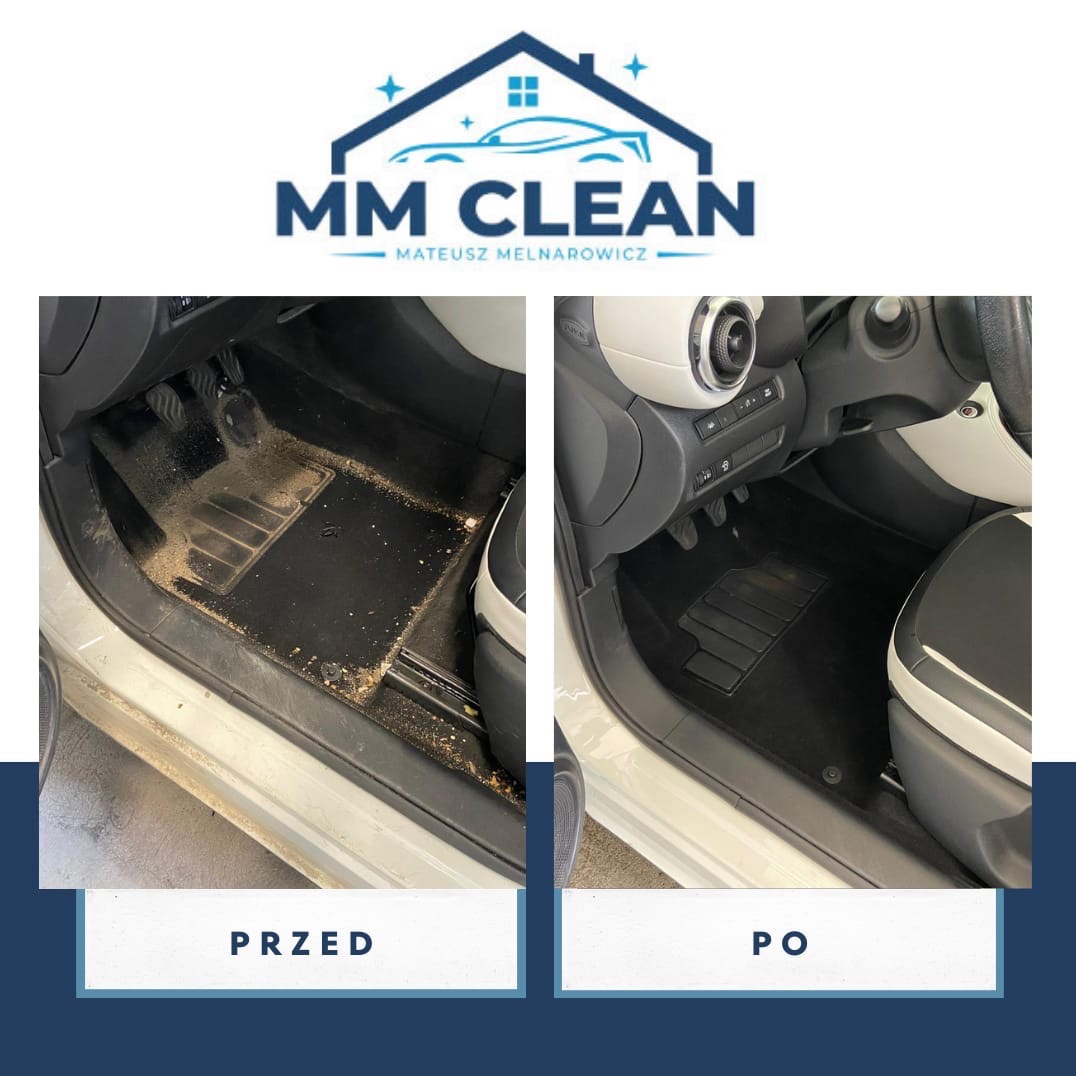 Porównanie stanu dywanika samochodowego przed i po czyszczeniu, widoczne różnice w ilości zabrudzeń i ogólnym wyglądzie w kabinie pojazdu, z logo firmy w górnej części.