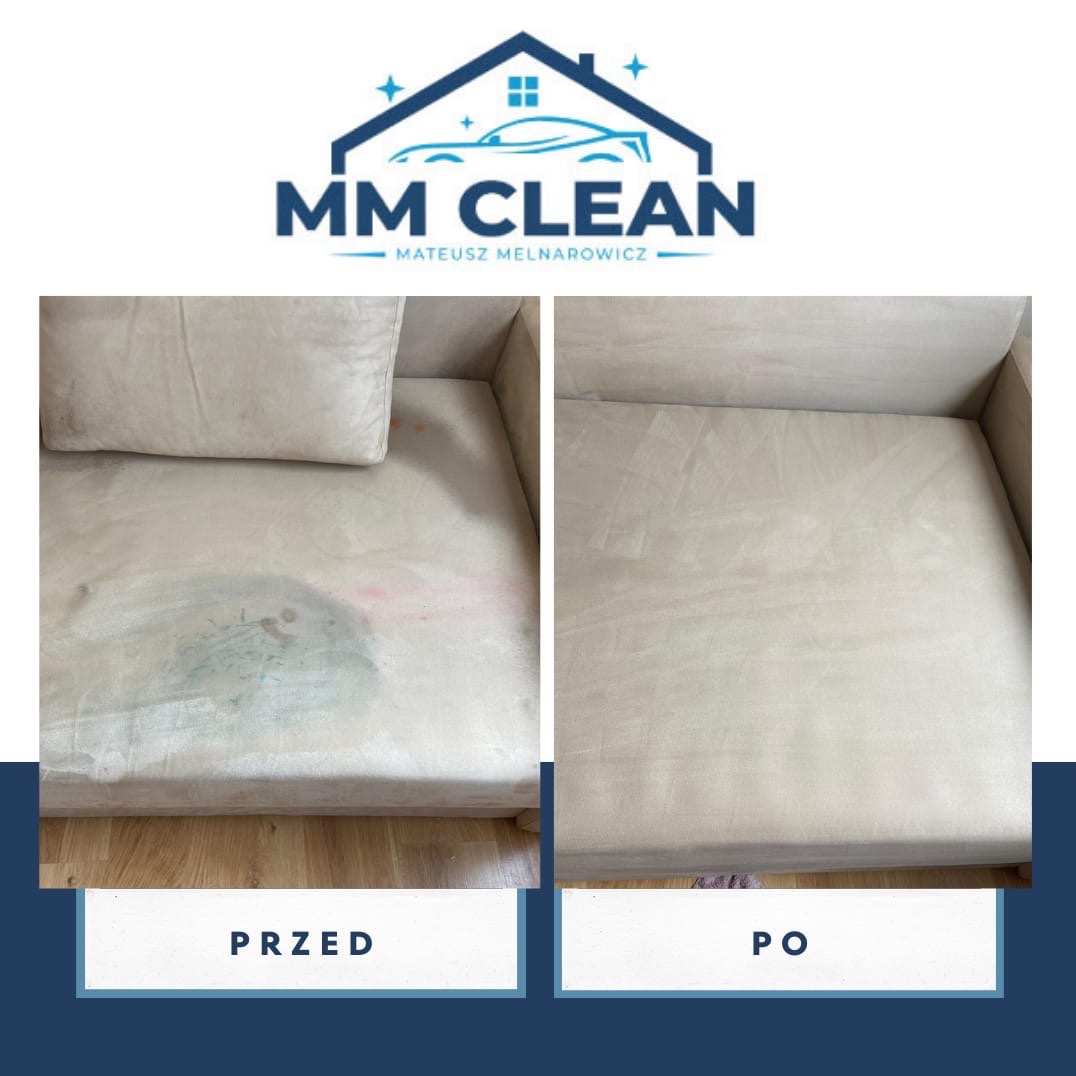 Beżowa kanapa z poduszką, widok z góry, porównanie stanu przed i po czyszczeniu, z widocznym logo firmy MM Clean.