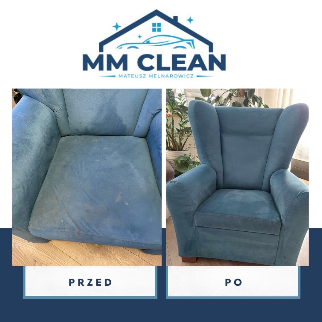 Porównanie fotela tapicerowanego przed i po praniu: po lewej stronie widoczne plamy i zabrudzenia, po prawej czysty, odświeżony fotel w odcieniach błękitu, w tle rośliny doniczkowe.