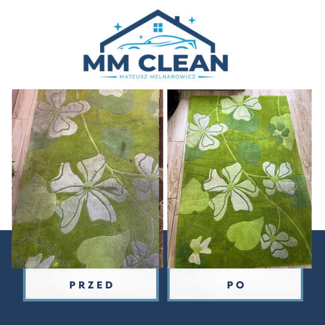 Zielony dywan z kwiatowym wzorem: widok przed i po czyszczeniu, ukazujący wyraźną różnicę w kolorze i świeżości.