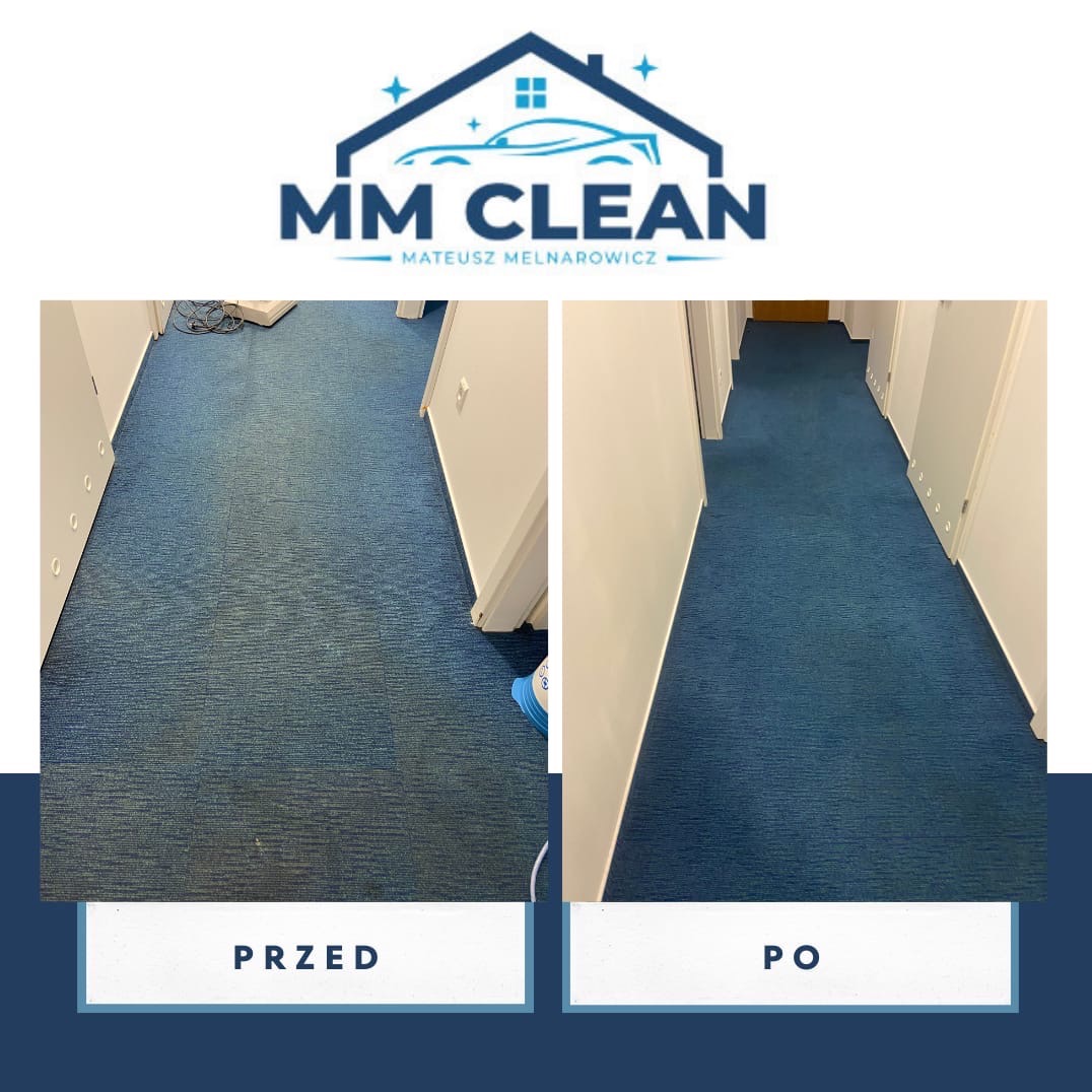 Korytarz biurowy z niebieską wykładziną dywanową: porównanie stanu przed i po czyszczeniu, widoczne różnice w odcieniu i czystości włókien.