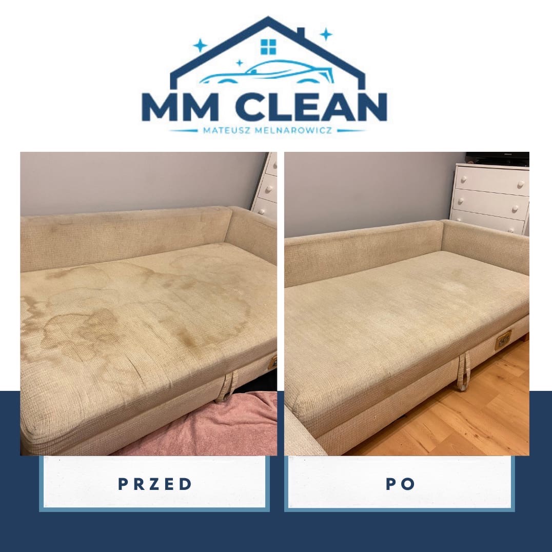 Beżowa kanapa modułowa z widocznymi plamami przed czyszczeniem i ta sama kanapa po czyszczeniu, widok z przodu, w tle biała komoda.