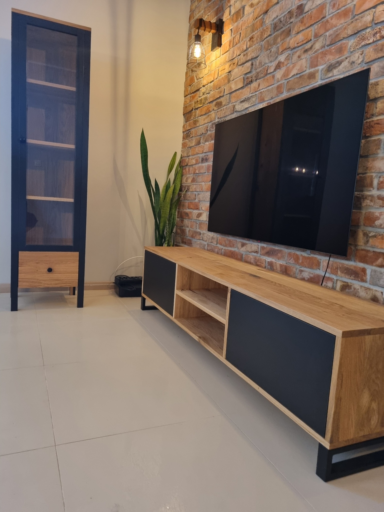 Nowoczesny salon z szafką RTV z drewnianym blatem i czarnymi frontami, wiszącym telewizorem na ceglanej ścianie oraz wysoką szafką z przeszkleniami w czarnej ramie, uzupełniony zieloną rośliną.