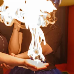 Osoba w niebieskiej spódnicy tutu i błyszczących uszach Myszki Miki wykonuje trik z ogniem, trzymając płomienie w dłoniach. W tle dmuchany zamek.