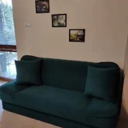 Ciemnozielona, rozkładana kanapa z dwiema poduszkami na tle ściany z czterema obrazkami w czarnych ramkach.