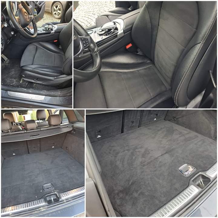 Czyszczenie wnętrza samochodu marki Mercedes w Nowym Sączu: widok przed i po na tapicerkę fotela kierowcy oraz bagażnika, ukazujący różnicę w czystości.