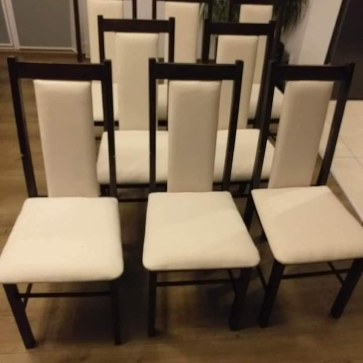 Ustawione rzędem krzesła z ciemnego drewna i jasną tapicerką siedzisk i oparć, widoczne w tle rośliny doniczkowe.