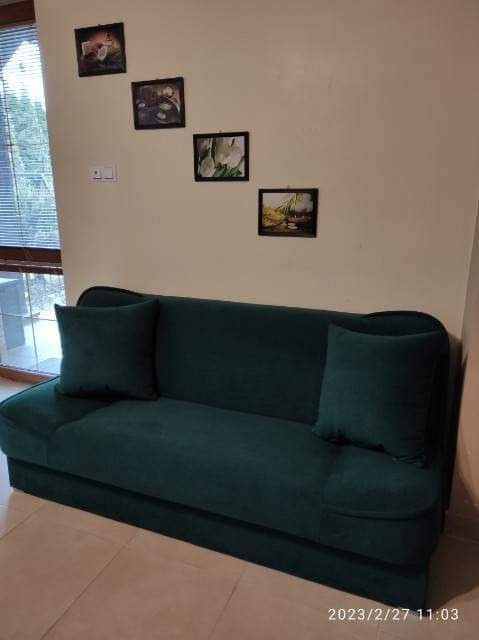 Ciemnozielona, rozkładana kanapa z dwiema poduszkami na tle ściany z czterema obrazkami w czarnych ramkach.