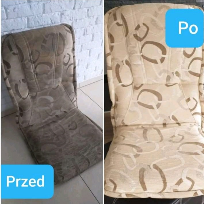 Krzesło tapicerowane z widoczną różnicą przed i po czyszczeniu, z lewej strony zabrudzone, z prawej czyste, wzór tapicerki w abstrakcyjne kształty.
