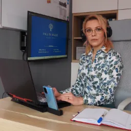 Kobieta w okularach i słuchawkach siedzi przy biurku z laptopem i telefonem, na monitorze widoczne logo i dane kontaktowe agenta ubezpieczeniowego Pauliny Mazuś.