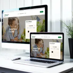 Ekran komputera stacjonarnego i laptopa prezentujące stronę internetową dietetyka z kalendarzem rezerwacji wizyt, obok klawiatura, lampka i roślina doniczkowa na białym biurku.