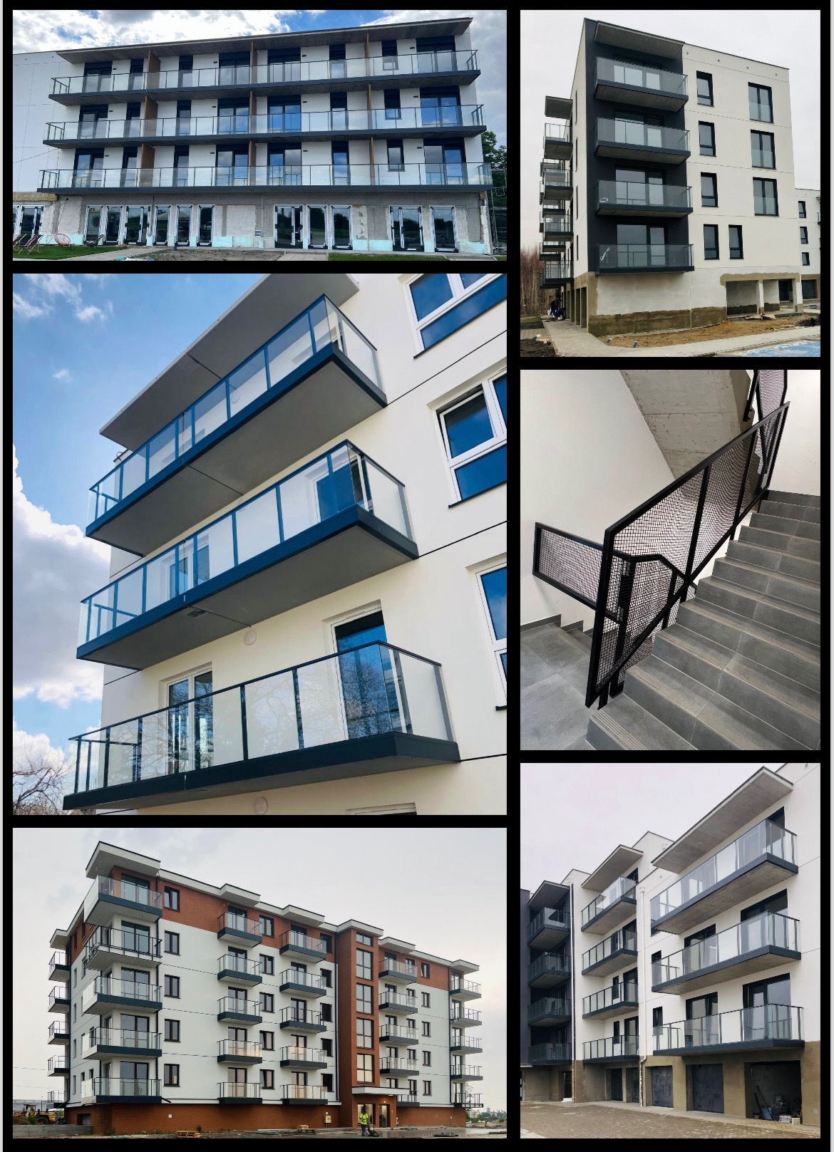 Kolaż zdjęć przedstawiających budynek wielorodzinny z balkonami zabezpieczonymi szklanymi balustradami oraz wewnętrzną klatkę schodową z metalową balustradą siatkową.
