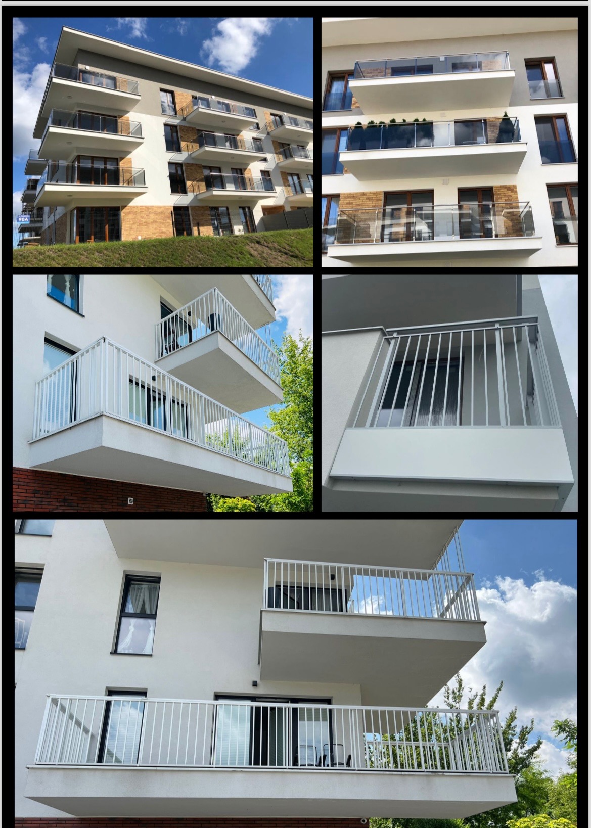 Kolaż zdjęć przedstawiający nowoczesny budynek mieszkalny z balkonami o różnych typach balustrad: szklanych i metalowych, widoczne z różnych perspektyw, od ogólnego ujęcia budynku po zbliżenia...