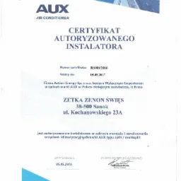 Skan certyfikatu autoryzowanego instalatora urządzeń klimatyzacyjnych marki AUX, z datą wydania i podpisem dyrektora handlowego firmy Action Energy.