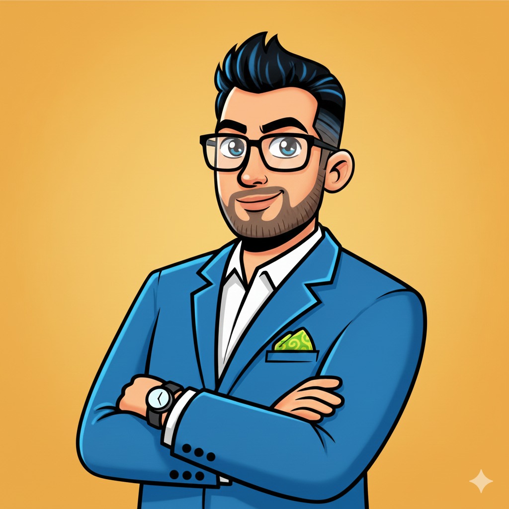 Karykatura uśmiechniętego mężczyzny w okularach i niebieskim garniturze, z zegarkiem na ręku i zieloną poszetką, na jednolitym, pomarańczowym tle.