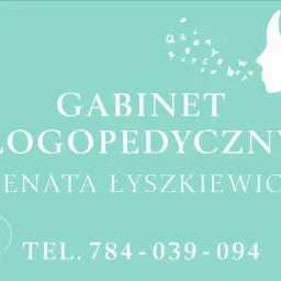 Turkusowe tło z białym napisem 'Gabinet Logopedyczny Renata Łyszkiewicz', numerem telefonu, ikoną chmurki z sercem i sylwetką głowy, z której ust wylatują litery.