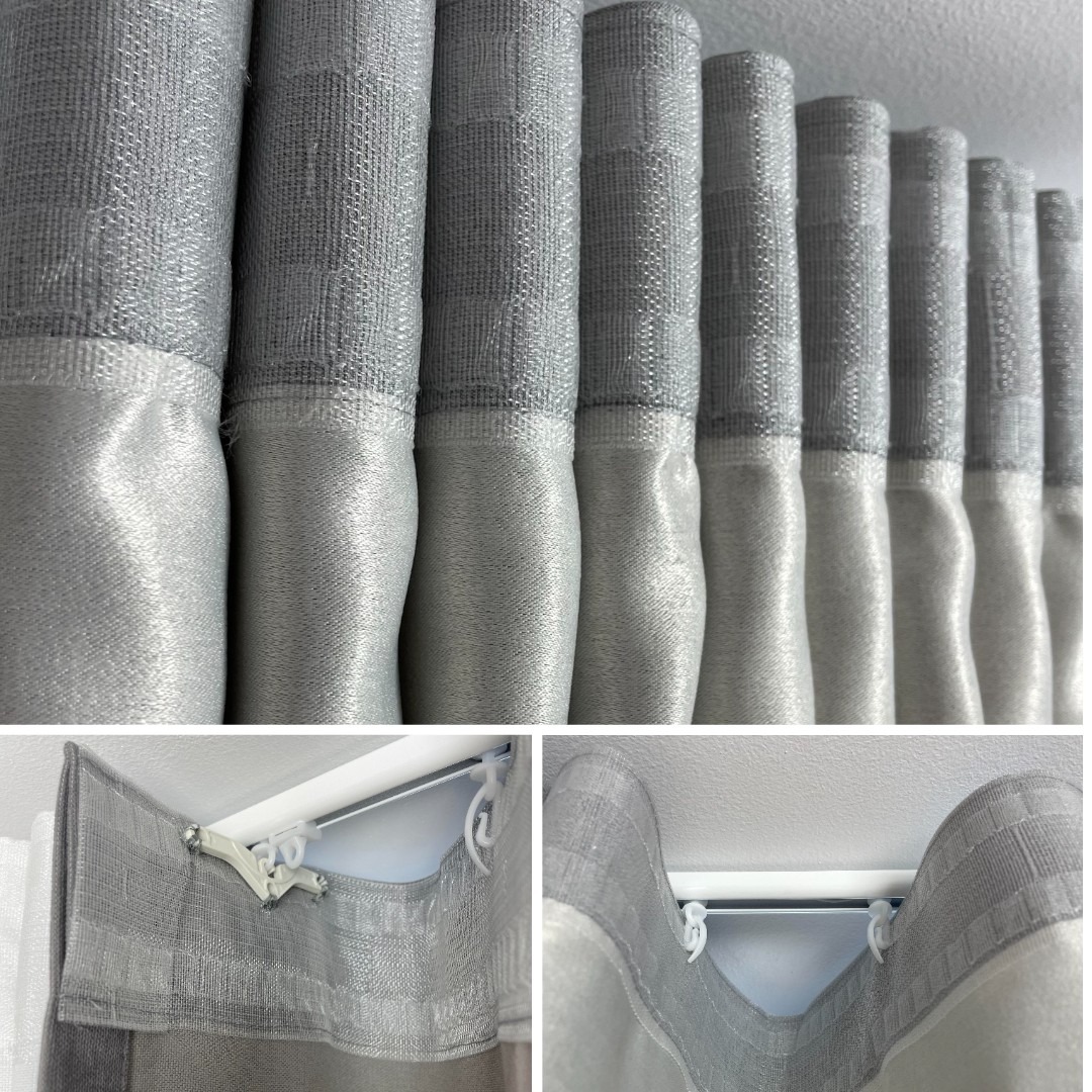 Szare, plisowane zasłony z widocznym systemem mocowania na karniszu sufitowym, detale faktury materiału.