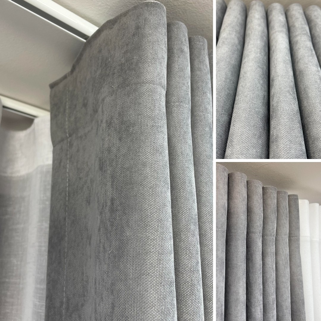 Szare, welurowe zasłony zawieszone na szynie sufitowej, z detalami faktury materiału widocznymi na zbliżeniach.