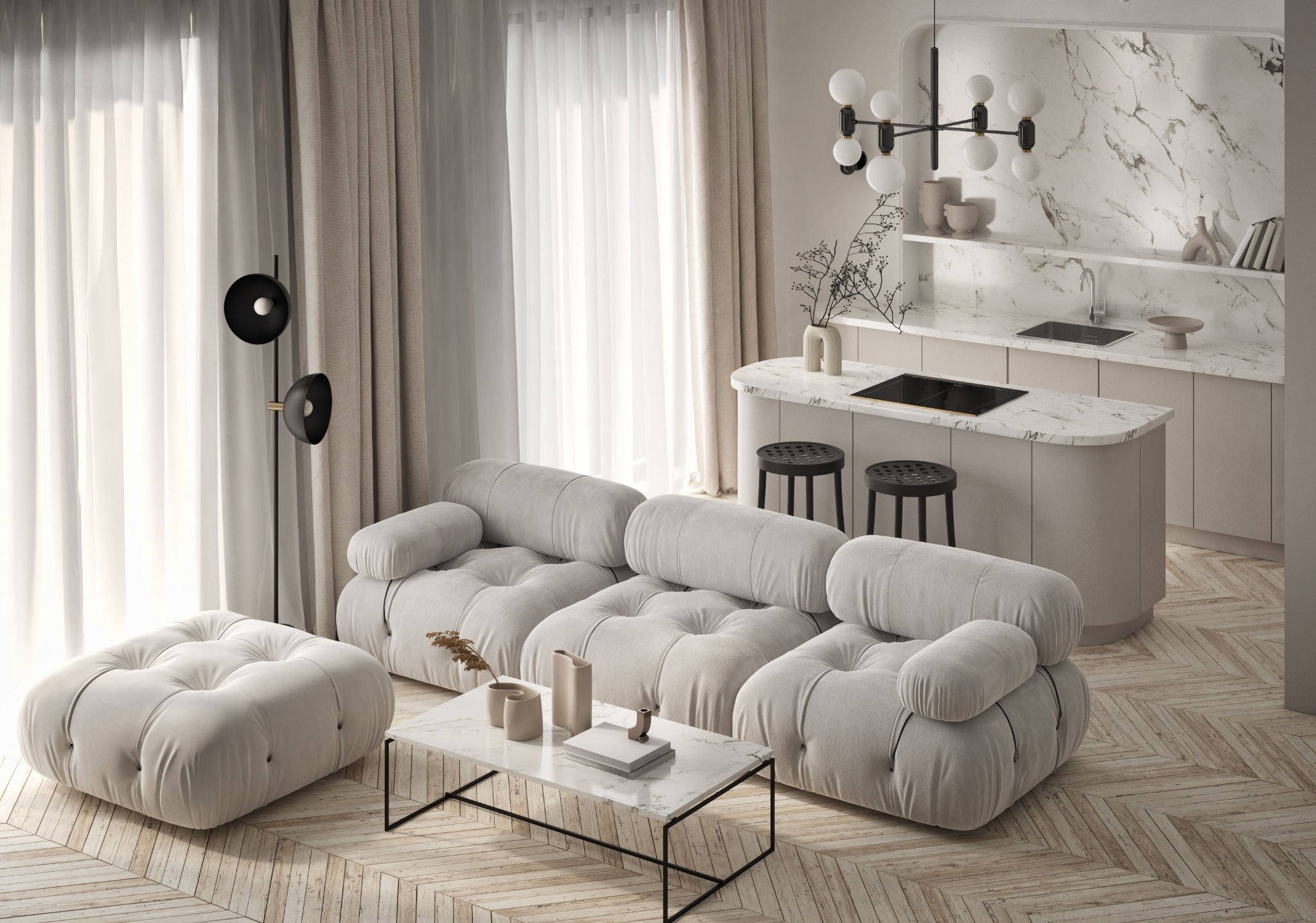 Jasne, przestronne wnętrze: modułowa sofa, marmurowy stolik kawowy, parkiet w jodełkę i kuchnia z marmurowym blatem, oświetlone naturalnym światłem przez firany.