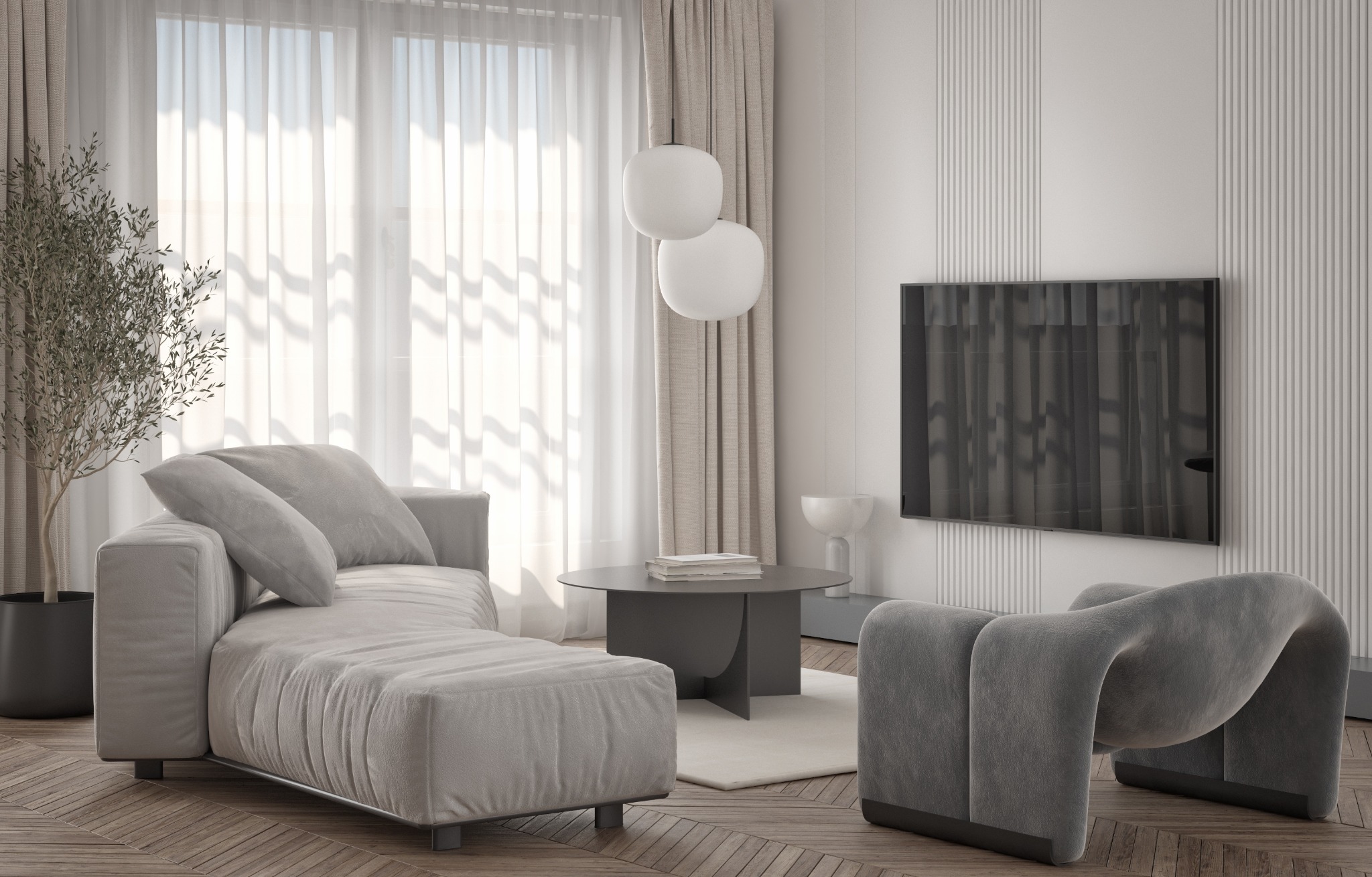 Elegancki salon w odcieniach szarości z drewnianą podłogą, sofą modułową, nowoczesnym fotelem i telewizorem na ścianie z dekoracyjnymi panelami.