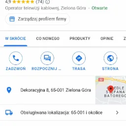 Zrzut ekranu profilu firmy Netia Zielona Góra w Google Maps, prezentujący dane kontaktowe, adres, godziny otwarcia i ocenę, z widocznymi ikonami połączenia, wiadomości i nawigacji.