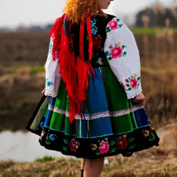 Kobieta z rudymi kręconymi włosami, odwrócona tyłem, ubrana w tradycyjny polski strój ludowy z bogatym haftem kwiatowym i czerwoną chustą, na tle polnego krajobrazu.