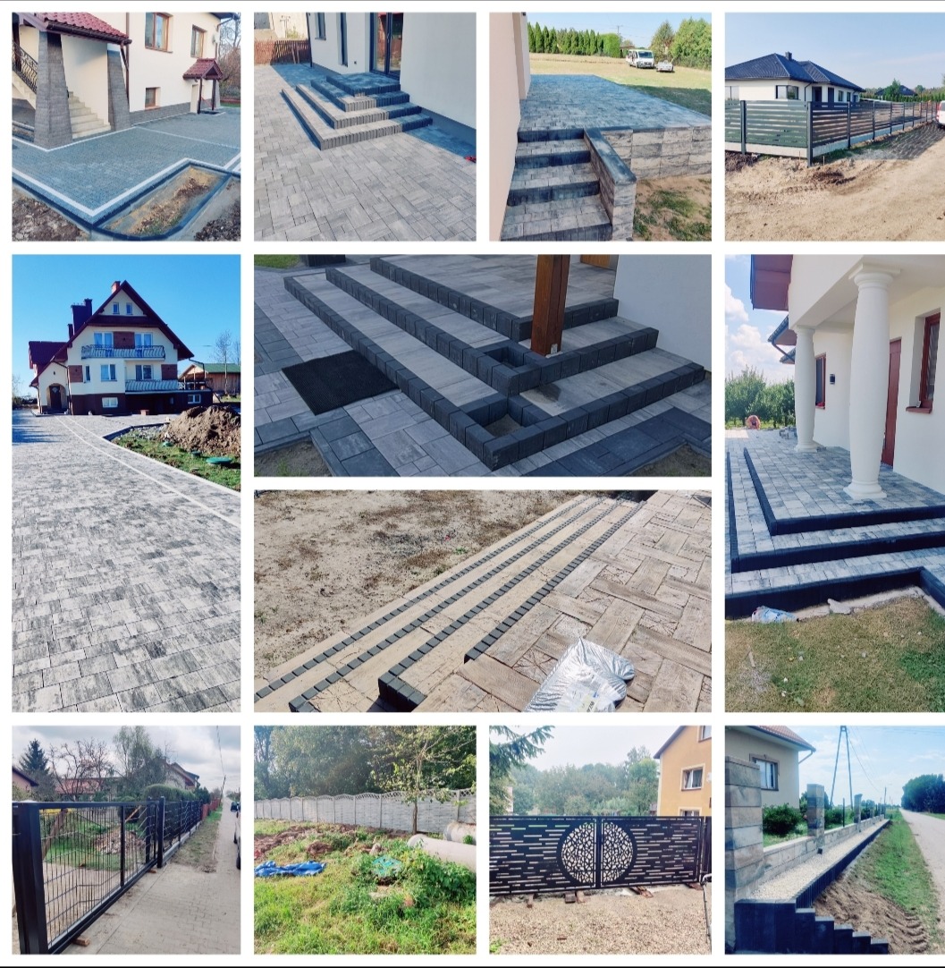 Kompozycja zdjęć prezentująca różnorodne realizacje z kostki brukowej i ogrodzeń: chodniki, schody, podjazdy, bramy i ogrodzenia w różnych stylach i kolorach.