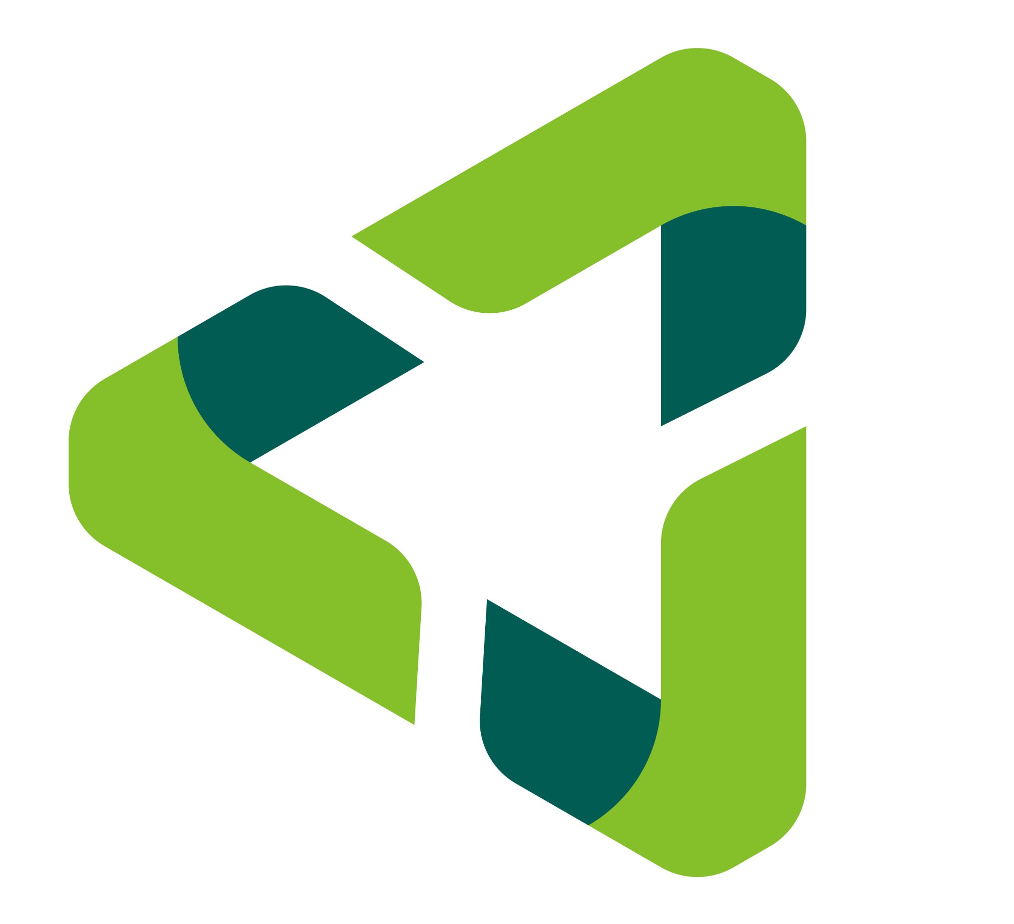 Abstrakcyjne logo w odcieniach zieleni, tworzące trójkątny kształt z przerwami, na białym tle.