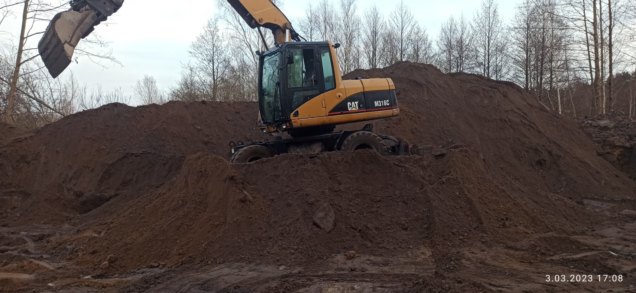 Żółta koparka kołowa CAT M316C na hałdzie ziemi, w tle drzewa bez liści, pochmurne niebo.