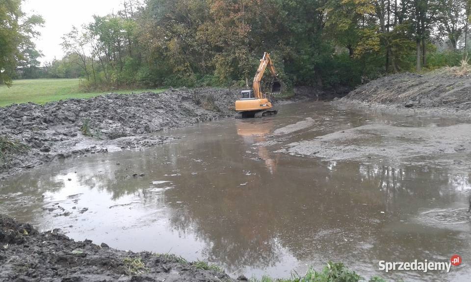 Żółta koparka gąsienicowa w trakcie prac ziemnych na terenie podmokłym, prawdopodobnie podczas tworzenia lub pogłębiania zbiornika wodnego, z widocznymi brzegami z ziemi i roślinnością w tle.