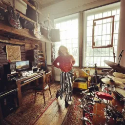 Kobieta w paskowanych spodniach stoi w przestronnym pokoju z instrumentami muzycznymi, w tle biurko z komputerem i głośnikami, gitary wiszące na półce pod sufitem, a w prawym dolnym rogu zestaw...