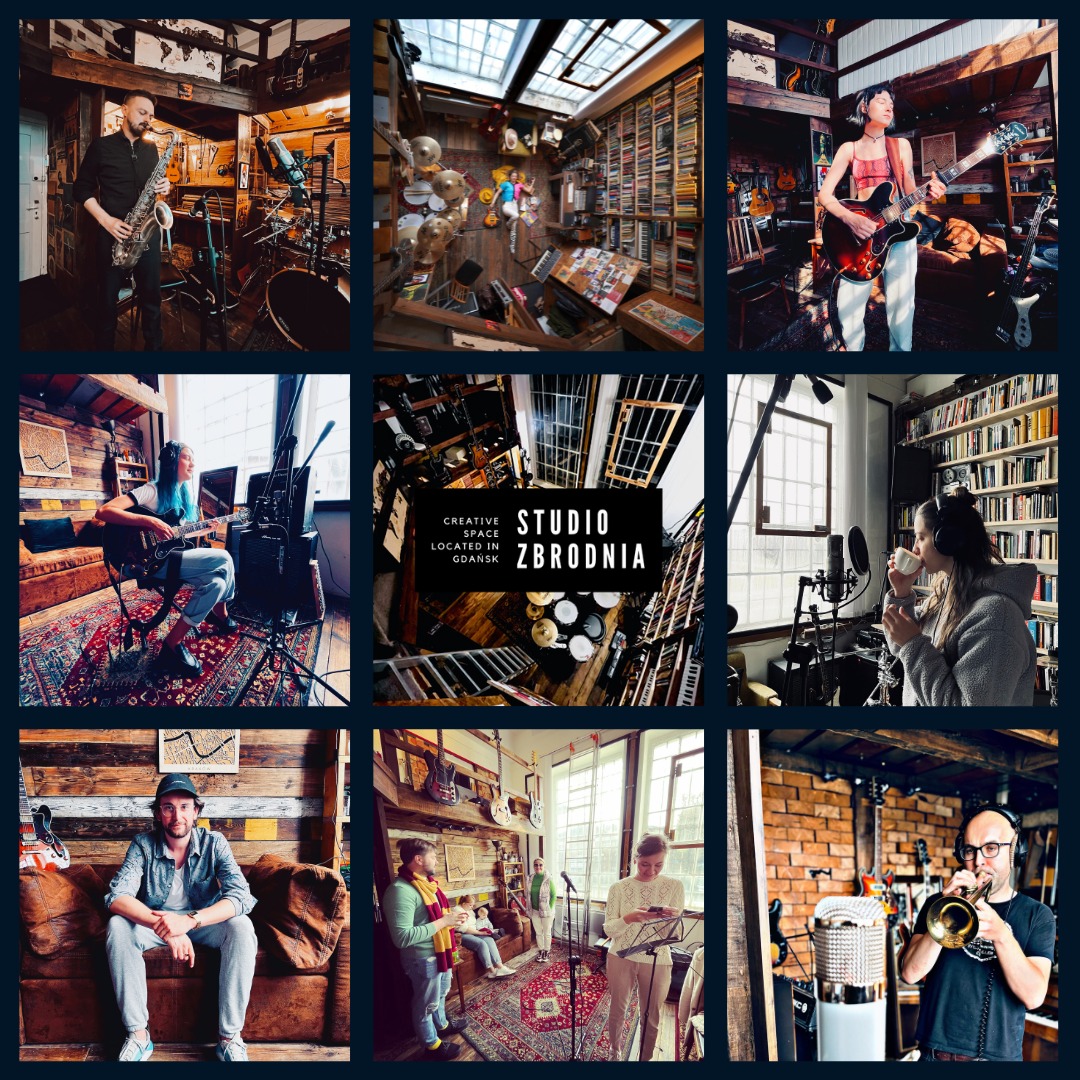 Kolaż z dziewięciu zdjęć przedstawiających wnętrza i muzyków w przestrzeni kreatywnej: saksofonista, perkusja z góry, gitarzystka, kobieta przy komputerze, logo studia, kobieta z kawą, mężczyzna...