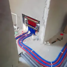 Rozdzielacz z czerwono-niebieskimi rurami w surowym wnętrzu, widoczne narzędzia i elementy montażowe na podłodze.