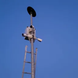 Słup z zamontowanymi kamerami przemysłowymi i drabiną na tle błękitnego nieba, obok widoczny znak z flagą Unii Europejskiej.