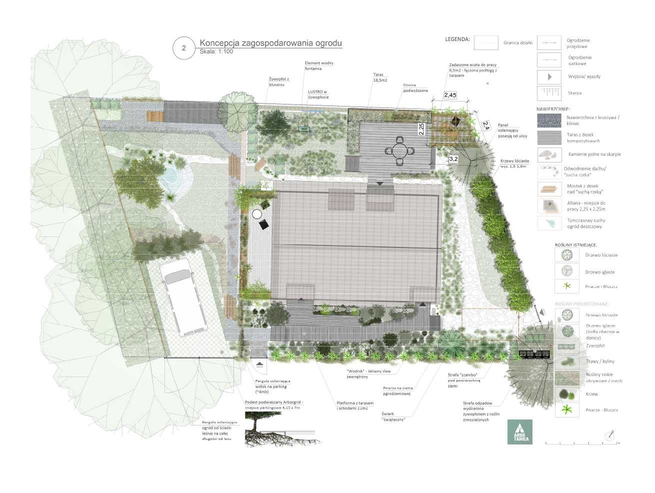 Plan zagospodarowania ogrodu z legendą, prezentujący rozmieszczenie roślin, nawierzchni, elementów wodnych i stref funkcjonalnych. Koncepcja w skali 1:100.