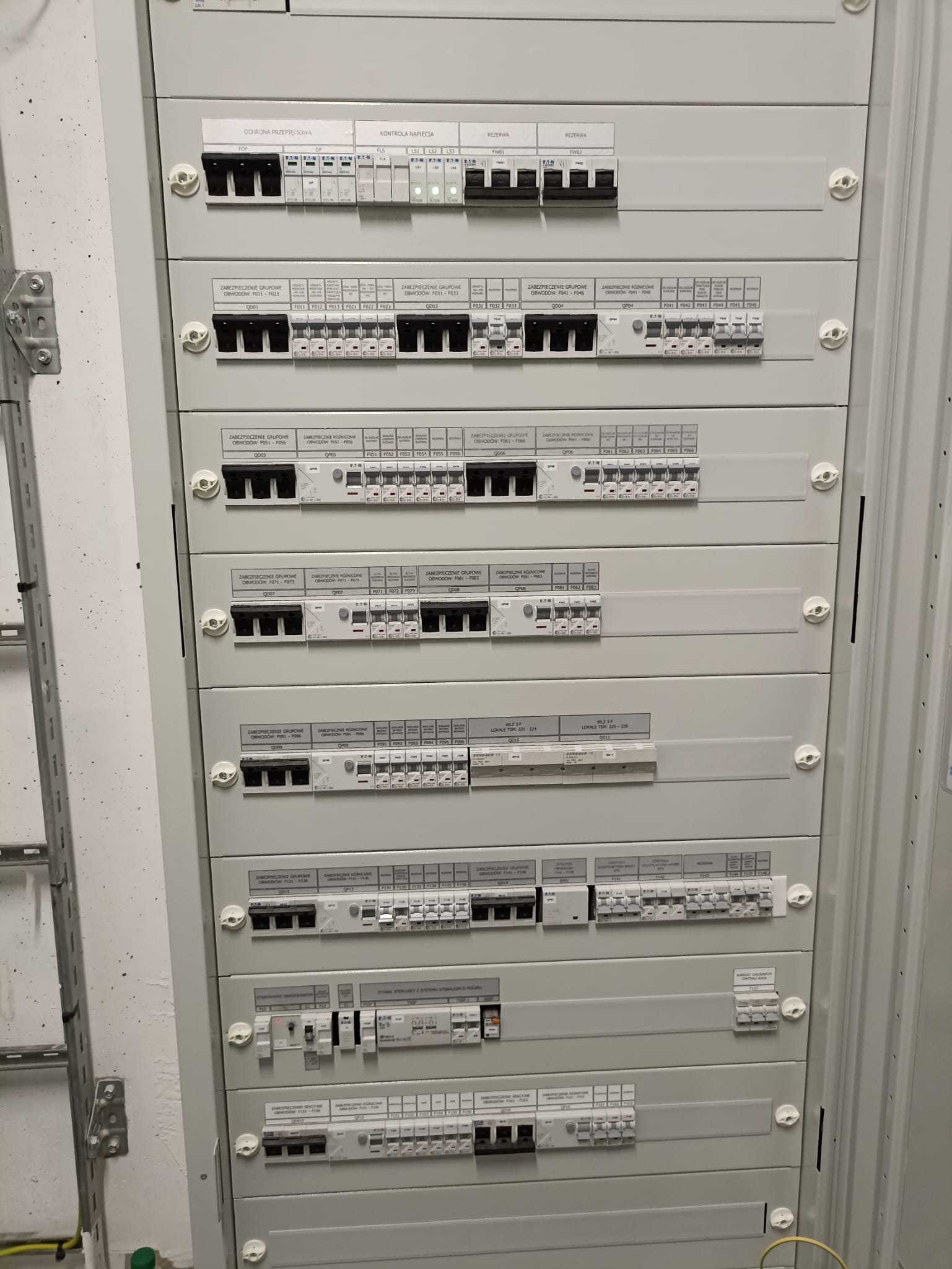 Rozdzielnica elektryczna z licznymi zabezpieczeniami grupowymi i różnicowoprądowymi, widoczne opisy obwodów i rezerw, oświetlenie LED sygnalizujące stan napięcia.
