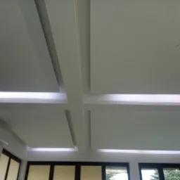 Biały sufit podwieszany z krzyżującymi się belkami i ukrytym oświetleniem LED, widoczne okna z widokiem na zieleń na zewnątrz.