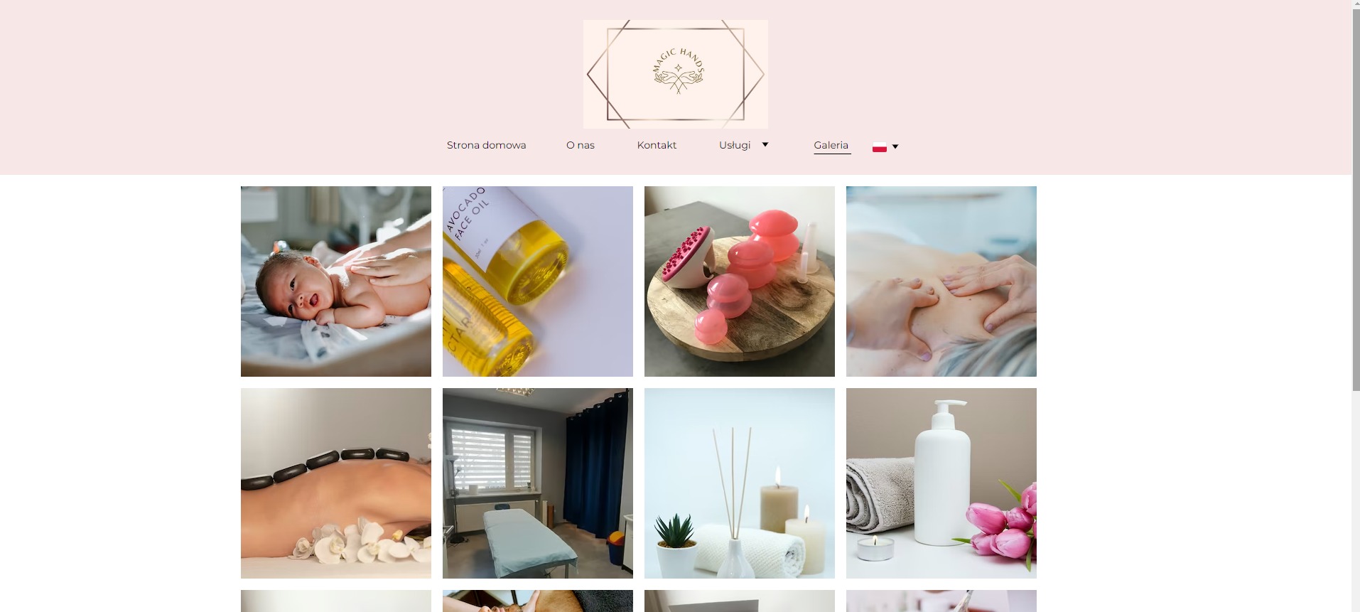 Zdjęcie strony internetowej z galerią, prezentujące zdjęcia z zakresu usług kosmetycznych i masażu, w tym masaż noworodka, olejki kosmetyczne, bańki do masażu, masaż pleców, kamienie do masażu...