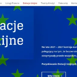 Strona internetowa o tematyce dotacji unijnych, z motywem gwiazd na niebieskim tle i hasłem 'Dotacje Unijne'.