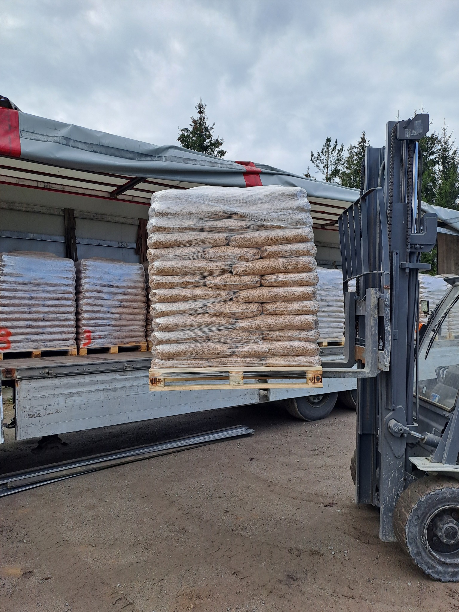 Wózek widłowy podnosi paletę z workami z granulatem, załadunek na ciężarówkę z plandeką, widoczne inne palety z workami wewnątrz ciężarówki.