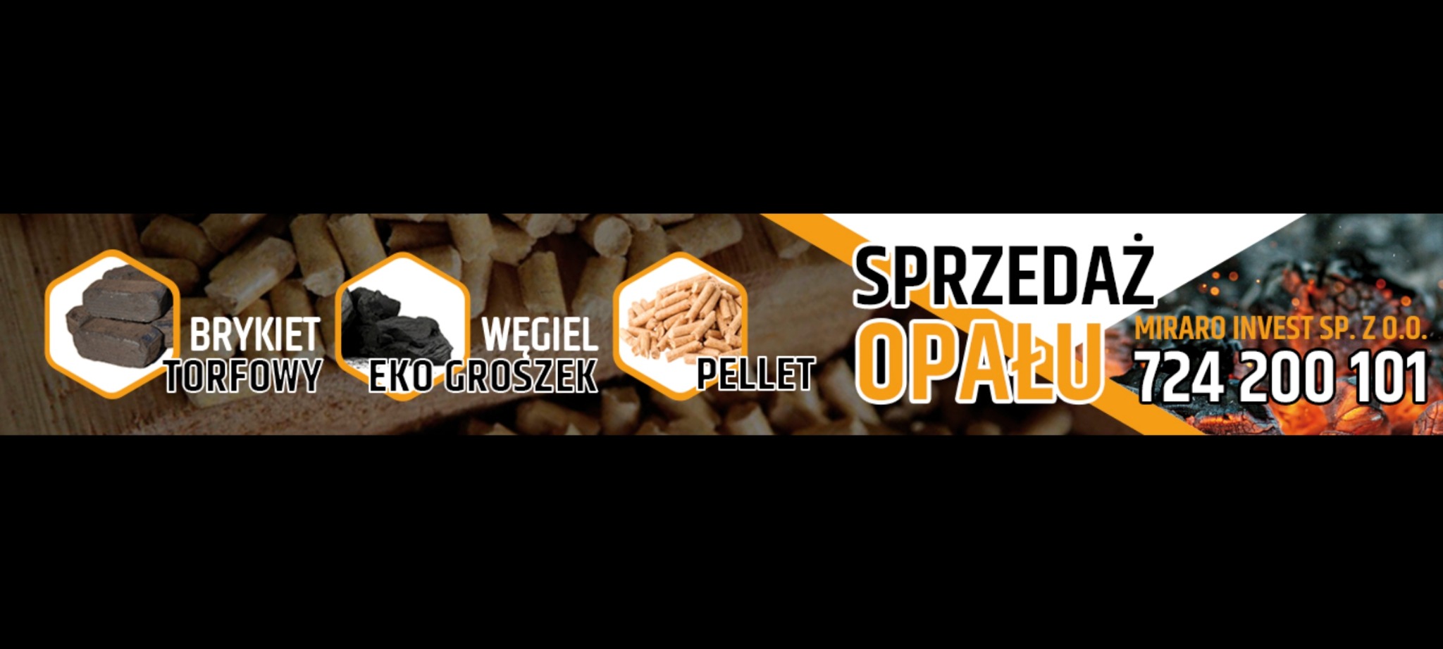 Baner reklamowy firmy Miraro Invest Sp. z o.o. oferującej sprzedaż opału, z wizualizacjami brykietu torfowego, ekogroszku i pelletu oraz numerem telefonu.