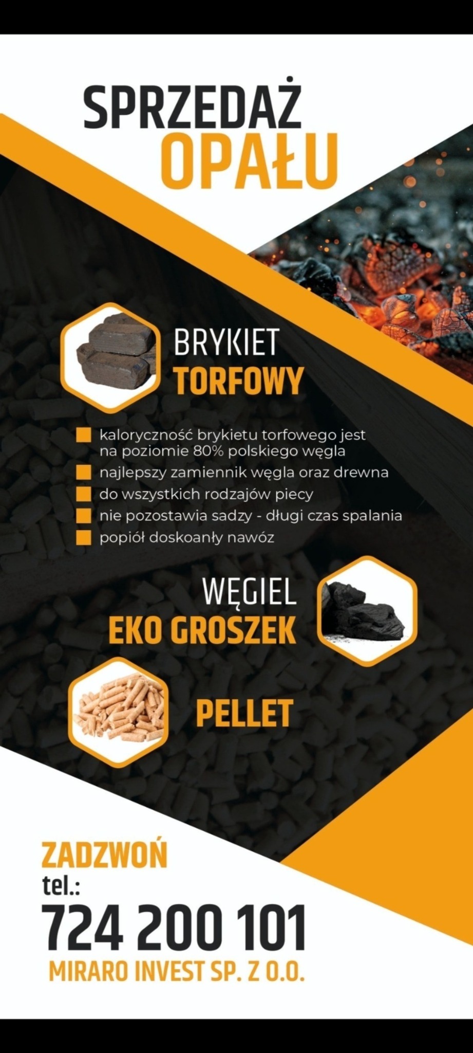 Grafika reklamowa z ofertą sprzedaży opału: brykietu torfowego, ekogroszku i pelletu, z informacją o kaloryczności brykietu i numerem telefonu.