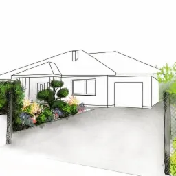 Szkic projektu zagospodarowania przestrzeni przed domem jednorodzinnym z podjazdem, przedstawiający nasadzenia krzewów ozdobnych i drzewek formowanych.